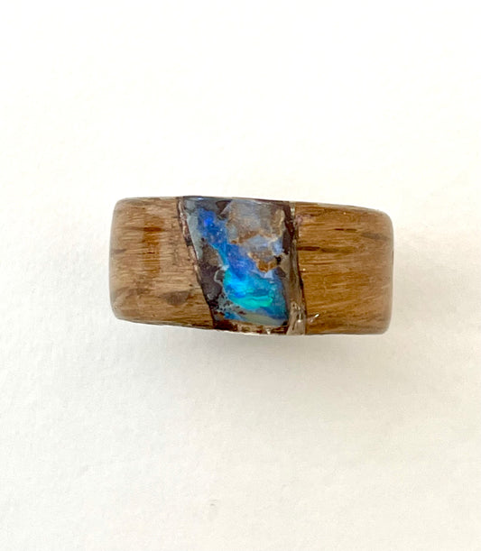 Beloved Twister Oak and Boulder Opal Ring Size 9